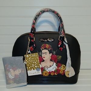 FRIDA KAHLO FLOWER Black Large Satchel Messenger H